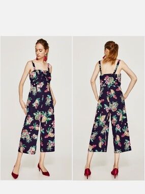 Zara Navy Tropical Print Jumpsuit